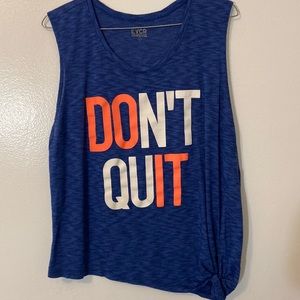 EVCR Blue Large women’s tank top DON’T QUIT in neon orange & white on the front
